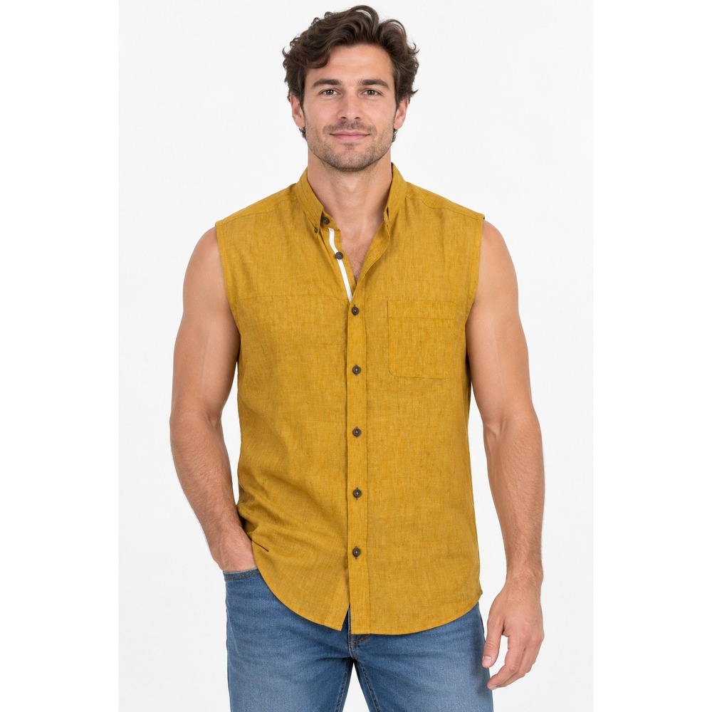 Inserch Mens M 100% Linen Sleeveless Shirt Mustard Yellow Band Collar NWT